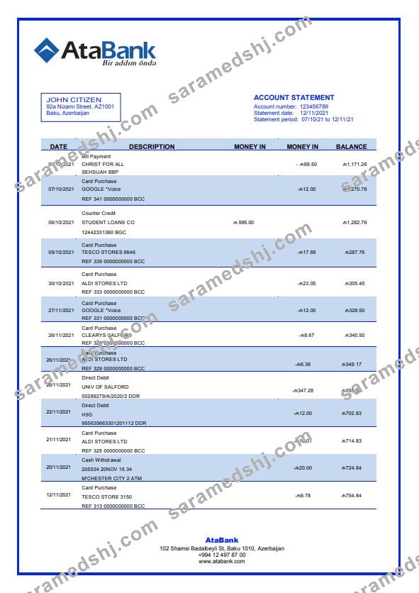 Azerbaijan Atabank bank statement template in Word and PDF format